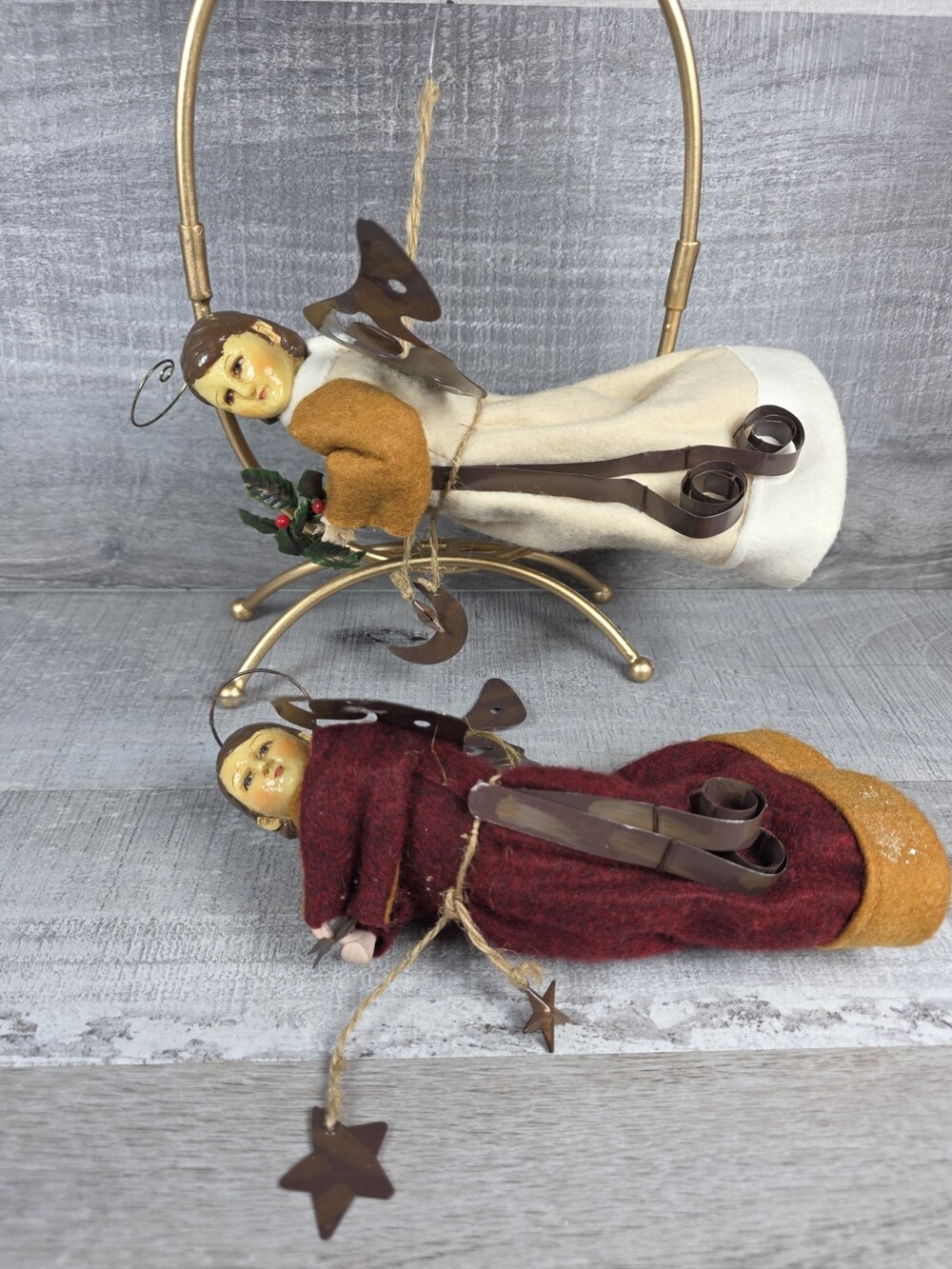 Folk Art Primitive Angels Metal Wings 9” Halo Stars Moon Celestial Wreath b223